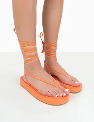 Beach Babe Orange Lace Up Toe Thong Flatform Sandals