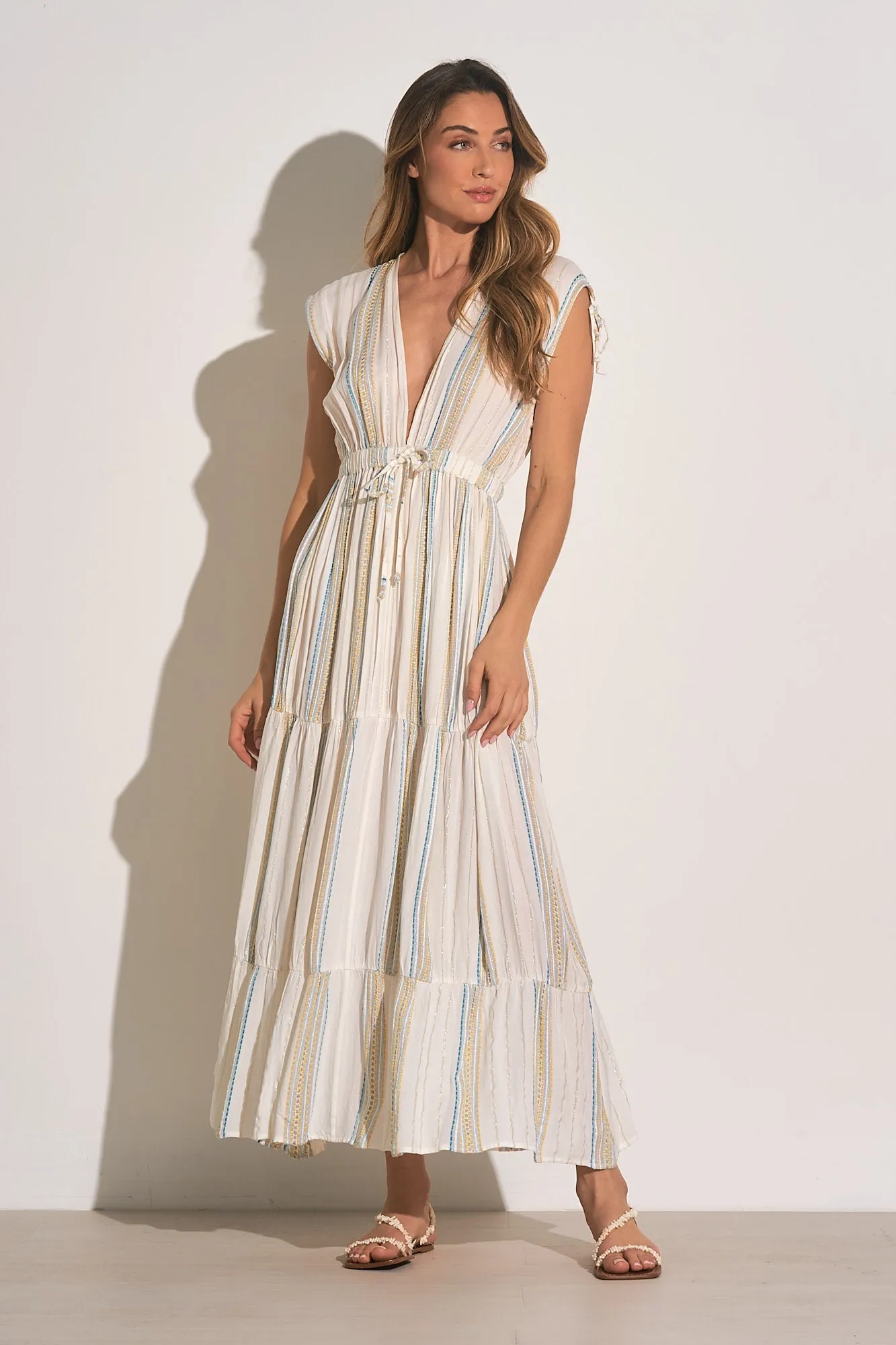 Elan White Aqua Stripe Deep V Neck Maxi Dress