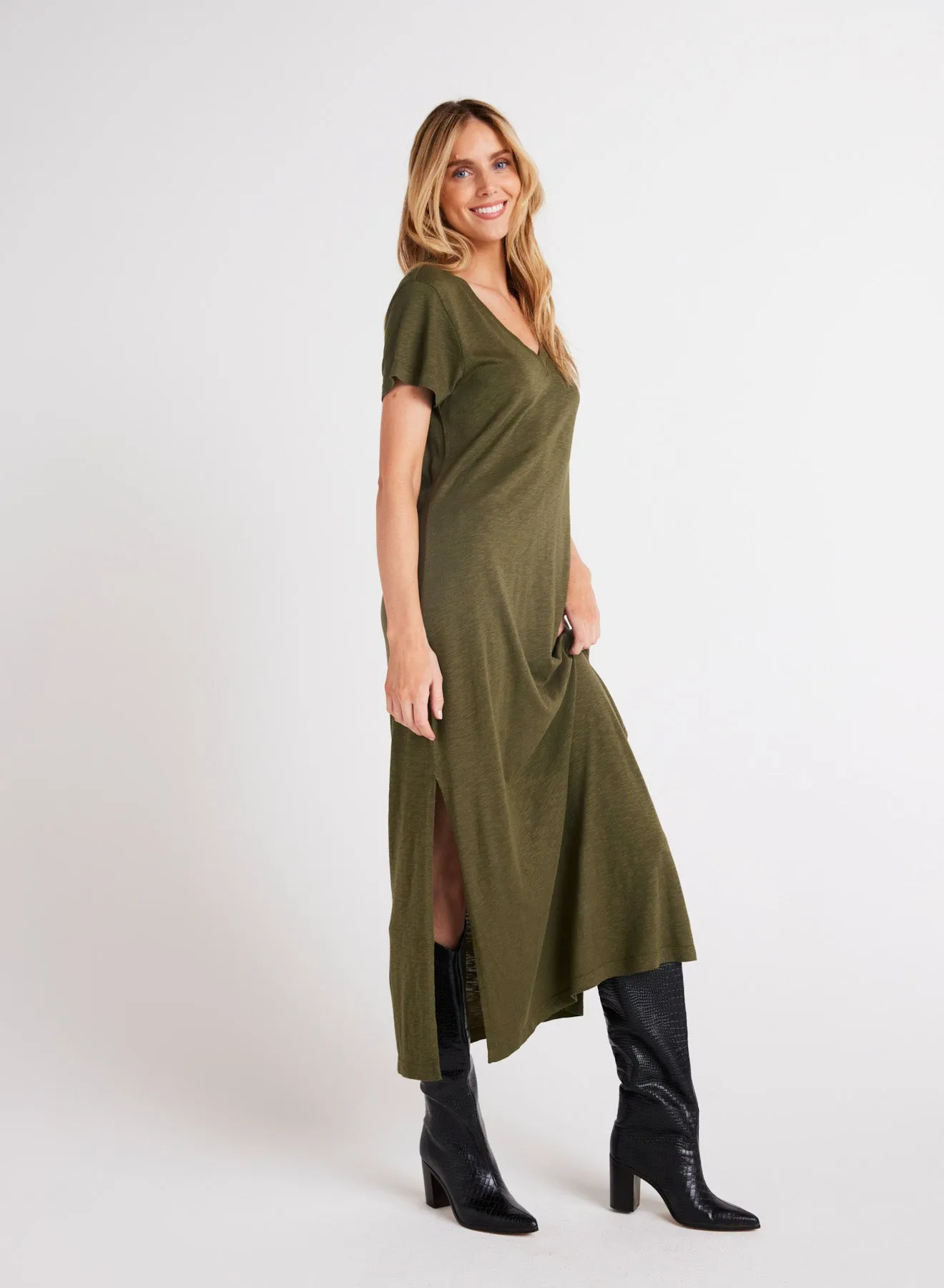 Knit V-Neck Maxi Dress - Italian Herb