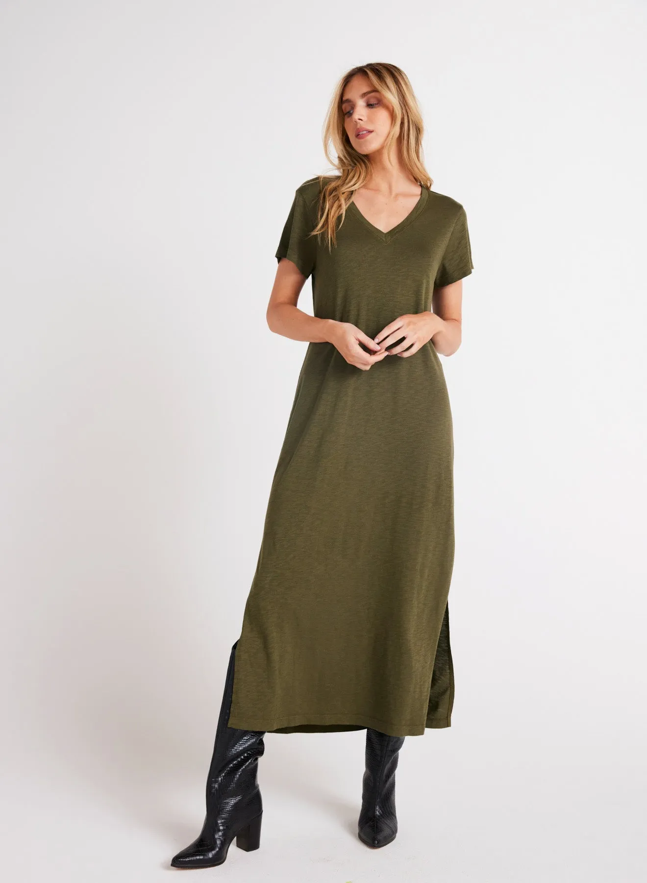 Knit V-Neck Maxi Dress - Italian Herb