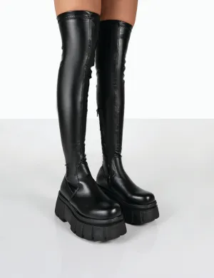 Necessity Black Pu Over The Knee Chunky Sole Boots