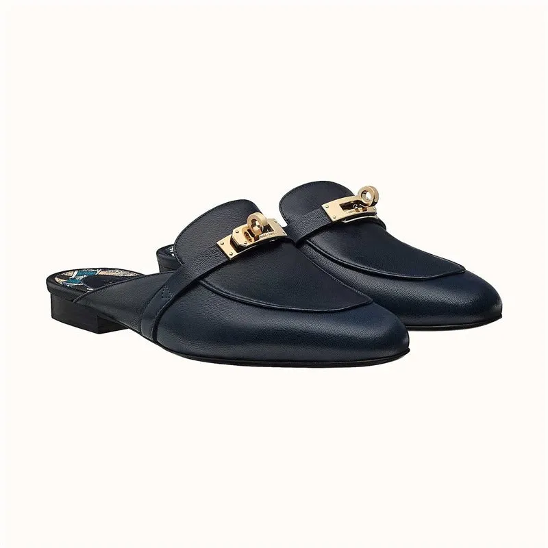 Pre Order:  Leather Metal Buckle Wrap Low Heel Mules