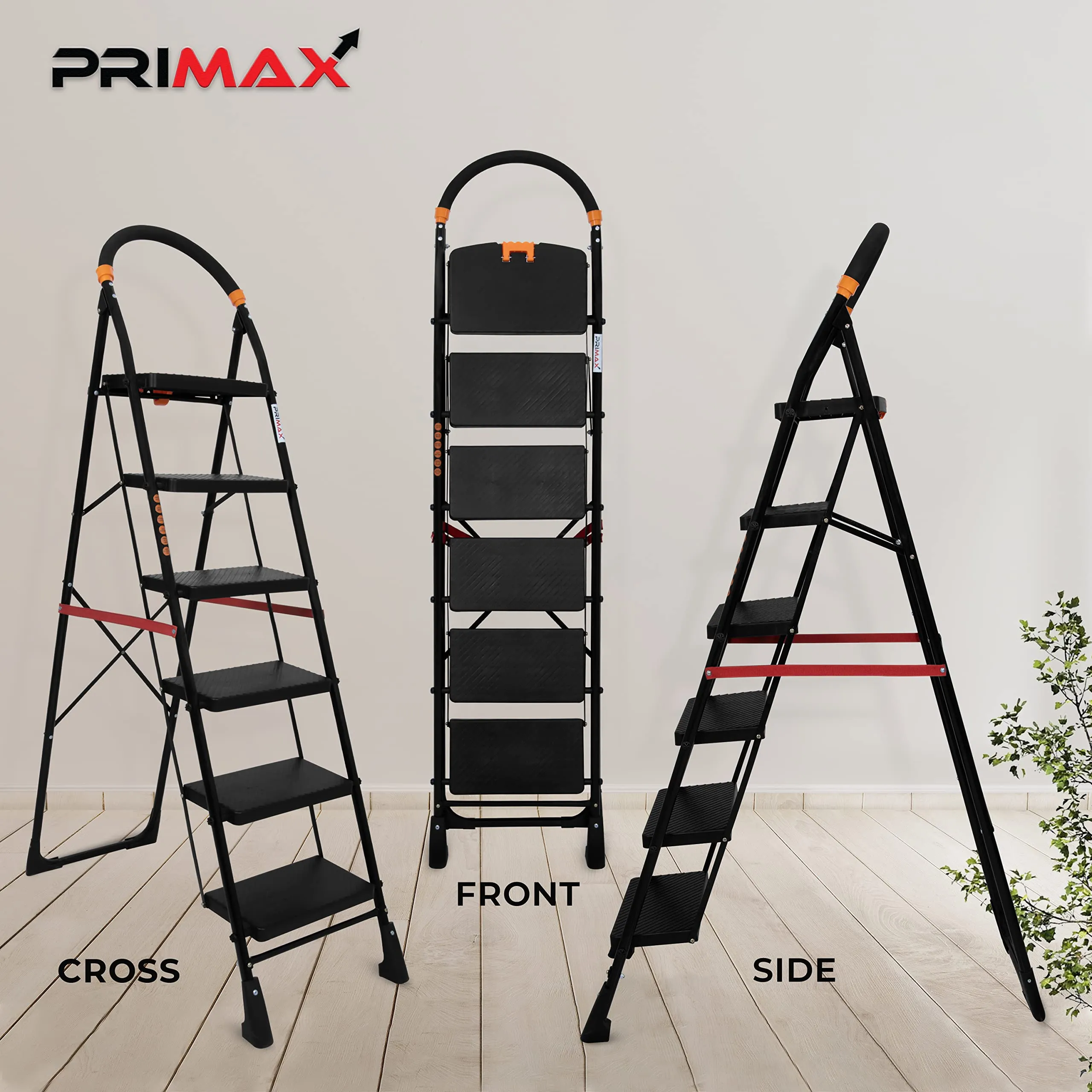 Primax 6-Step Foldable Ladder with Safety-Clutch Lock and Ribbed Steps/Step Ladder/GI Steel Ladder for Home(Primo-Black&Orange)