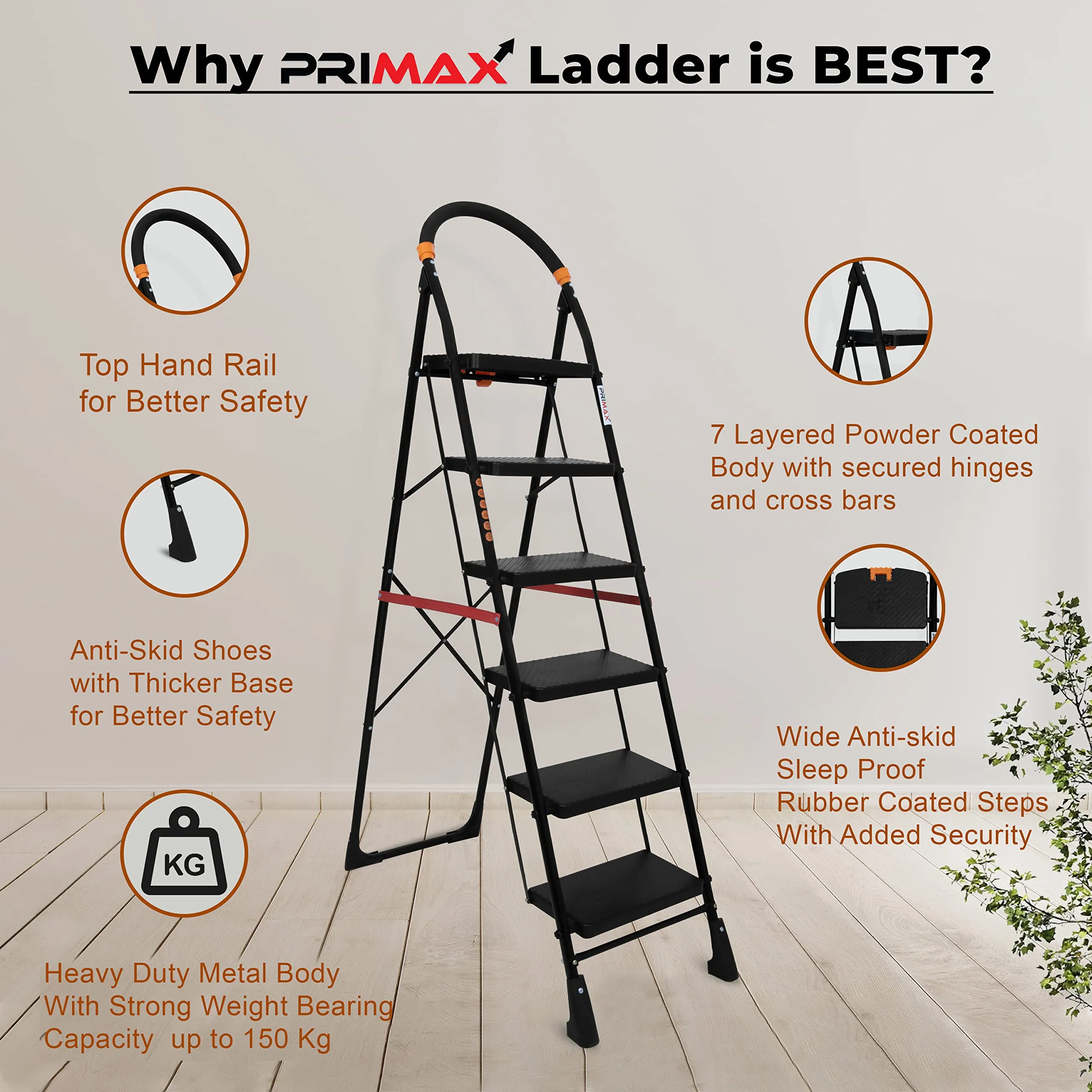 Primax 6-Step Foldable Ladder with Safety-Clutch Lock and Ribbed Steps/Step Ladder/GI Steel Ladder for Home(Primo-Black&Orange)