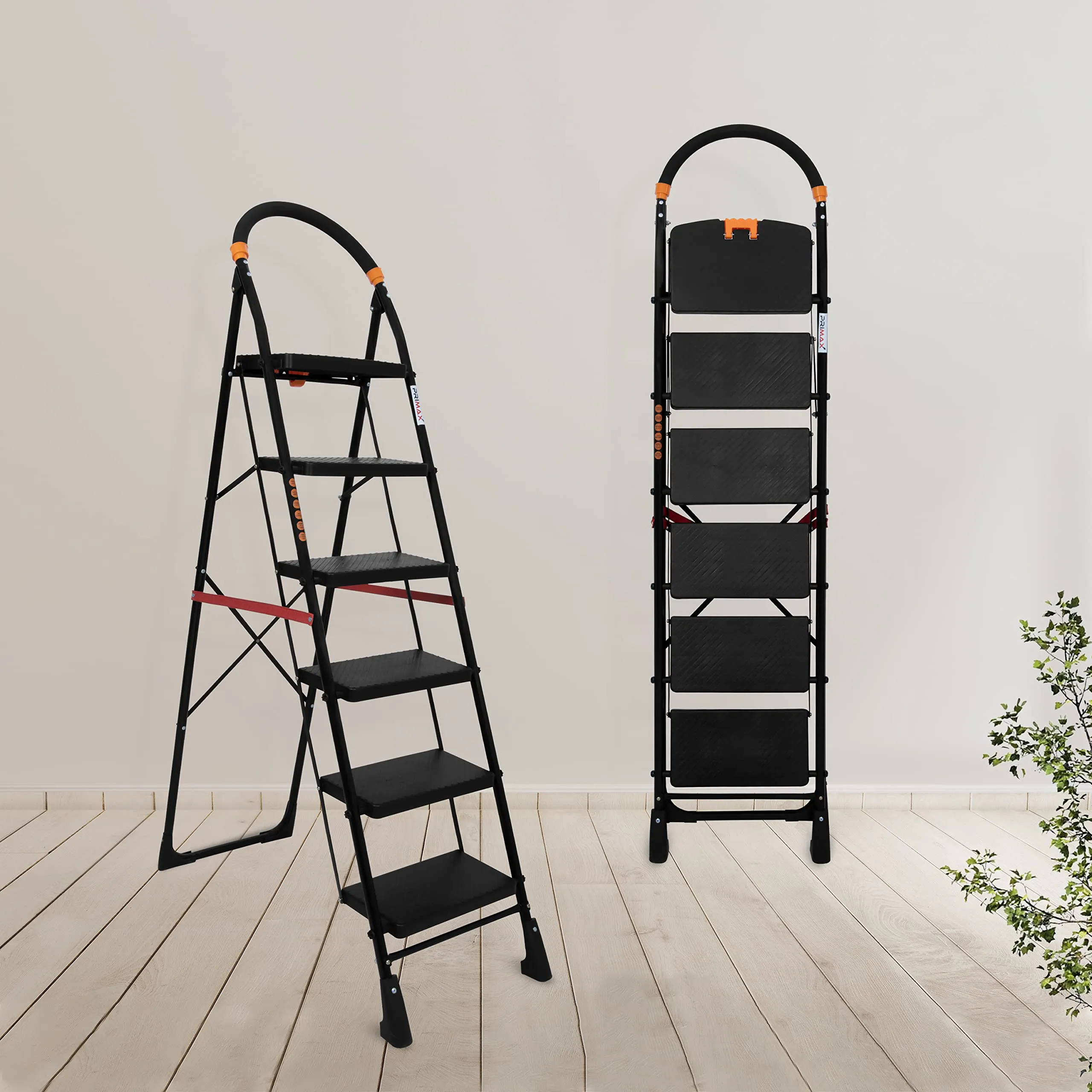 Primax 6-Step Foldable Ladder with Safety-Clutch Lock and Ribbed Steps/Step Ladder/GI Steel Ladder for Home(Primo-Black&Orange)