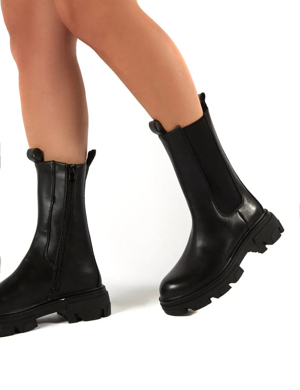 Recess Black PU Chunky Sole Calf High Boots