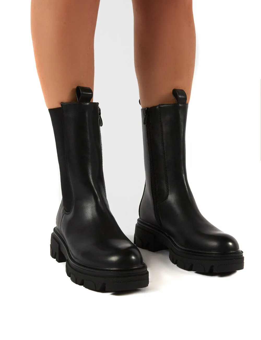 Recess Black PU Chunky Sole Calf High Boots