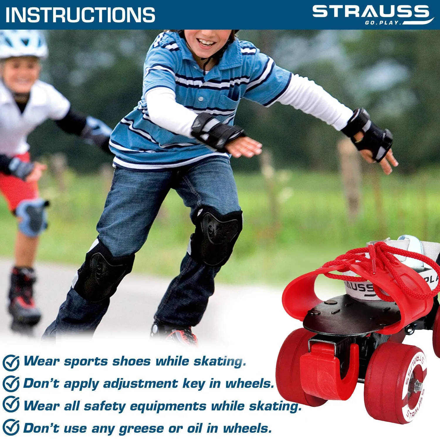 STRAUSS Senior Tenacity Roller Skates with Brakes | Roller Blades for Kids | Adjustable Shoe Size | Ideal for Indoor and Outdoor Skating | Suitable for Age Group above 9 Years, (Red)