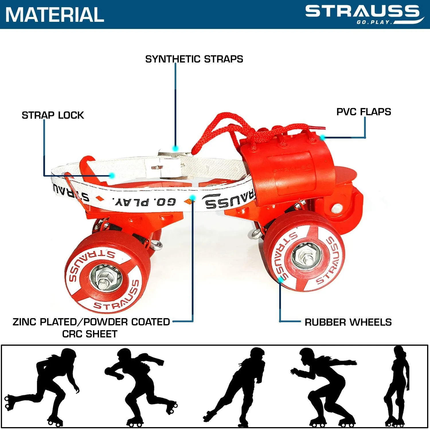 STRAUSS Senior Tenacity Roller Skates with Brakes | Roller Blades for Kids | Adjustable Shoe Size | Ideal for Indoor and Outdoor Skating | Suitable for Age Group above 9 Years, (Red)