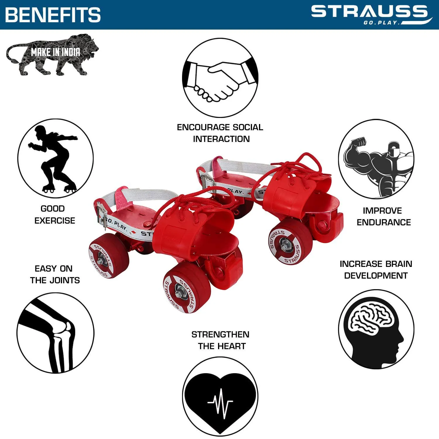 STRAUSS Senior Tenacity Roller Skates with Brakes | Roller Blades for Kids | Adjustable Shoe Size | Ideal for Indoor and Outdoor Skating | Suitable for Age Group above 9 Years, (Red)