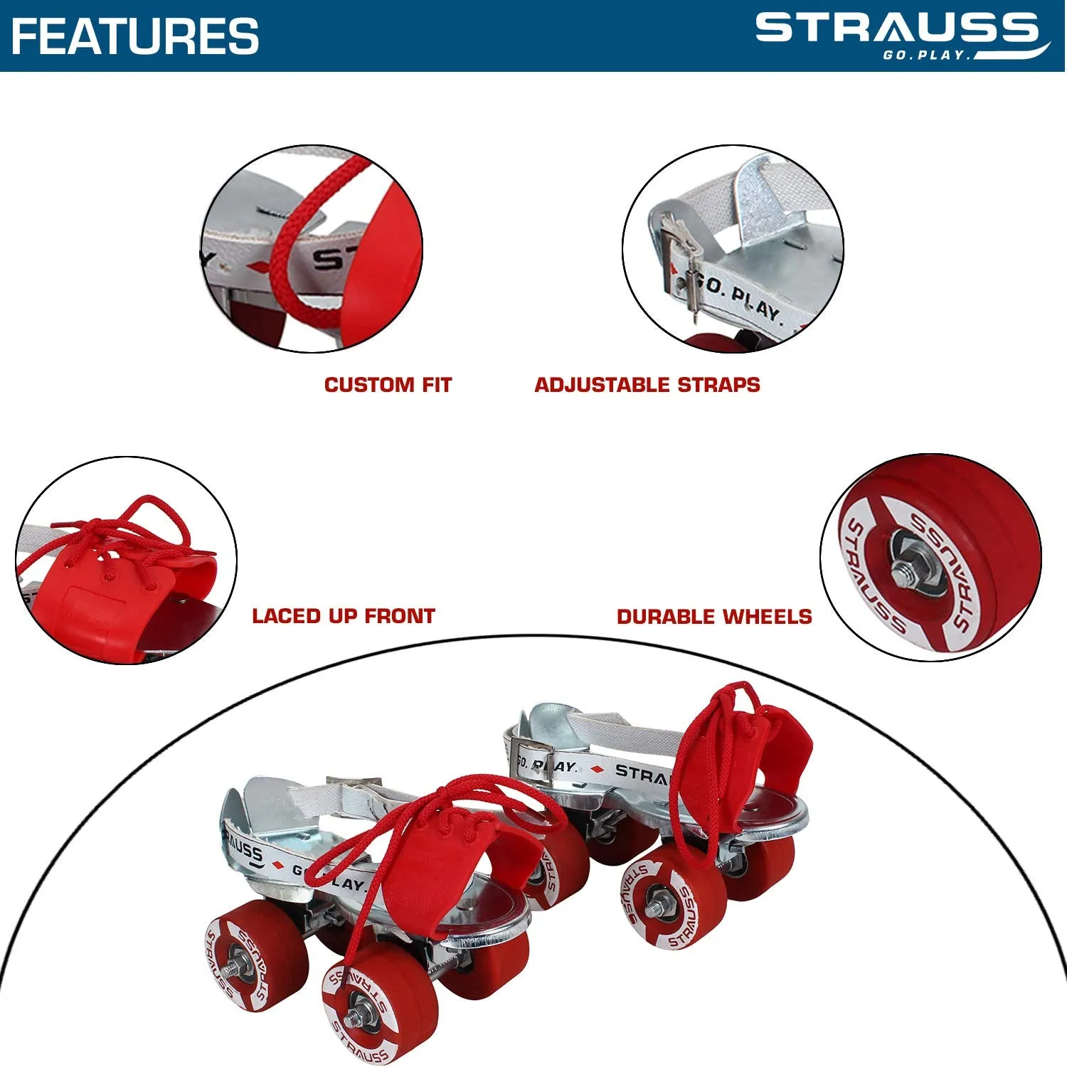 STRAUSS Tenacity Roller Skates | Roller Blades for Kids | Adjustable Shoe Size | 4 Wheels Skating Shoe for Boys and Girls | Ideal for Indoor and Outdoor Skating | Age Group 4-6 Years, (Red)