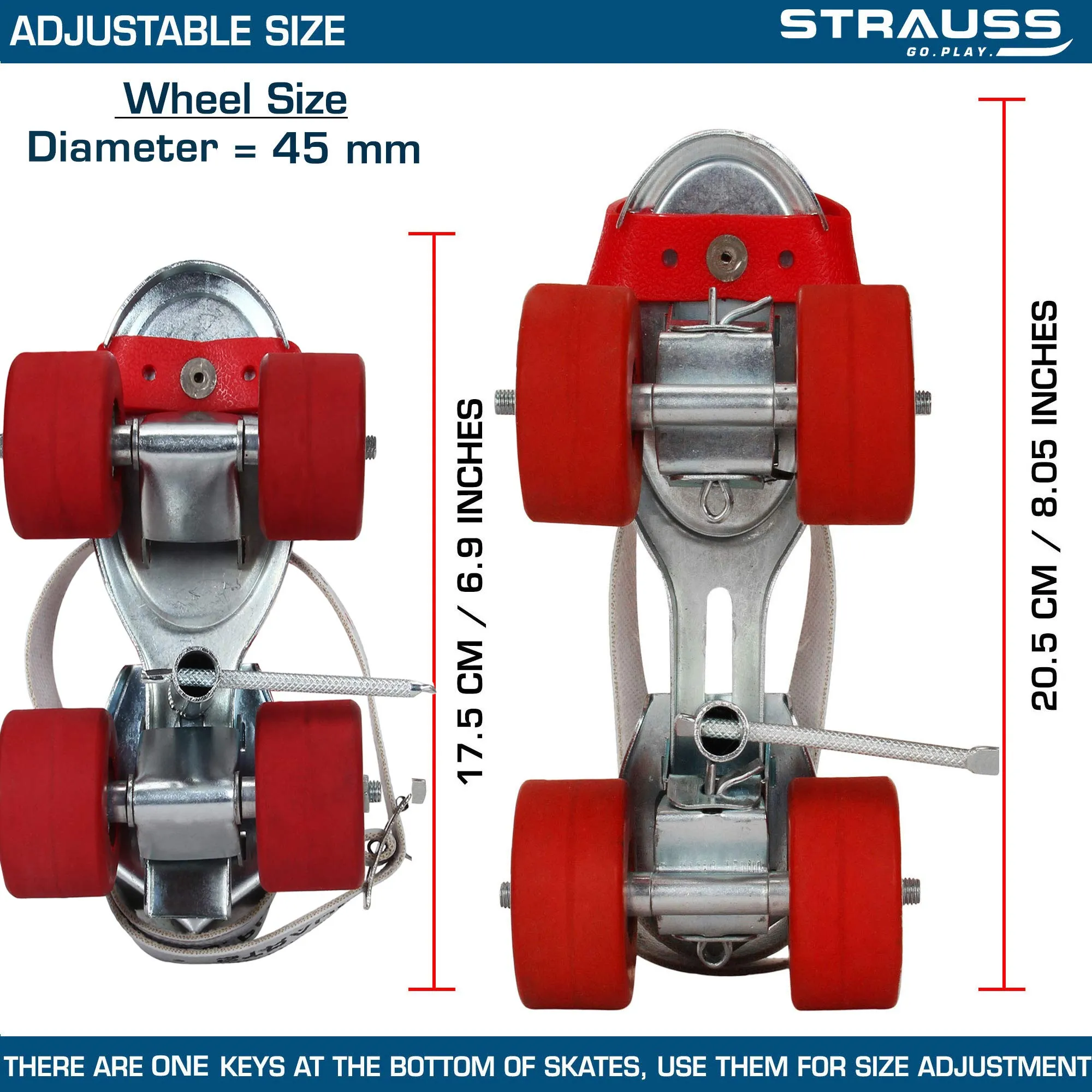 STRAUSS Tenacity Roller Skates | Roller Blades for Kids | Adjustable Shoe Size | 4 Wheels Skating Shoe for Boys and Girls | Ideal for Indoor and Outdoor Skating | Age Group 4-6 Years, (Red)