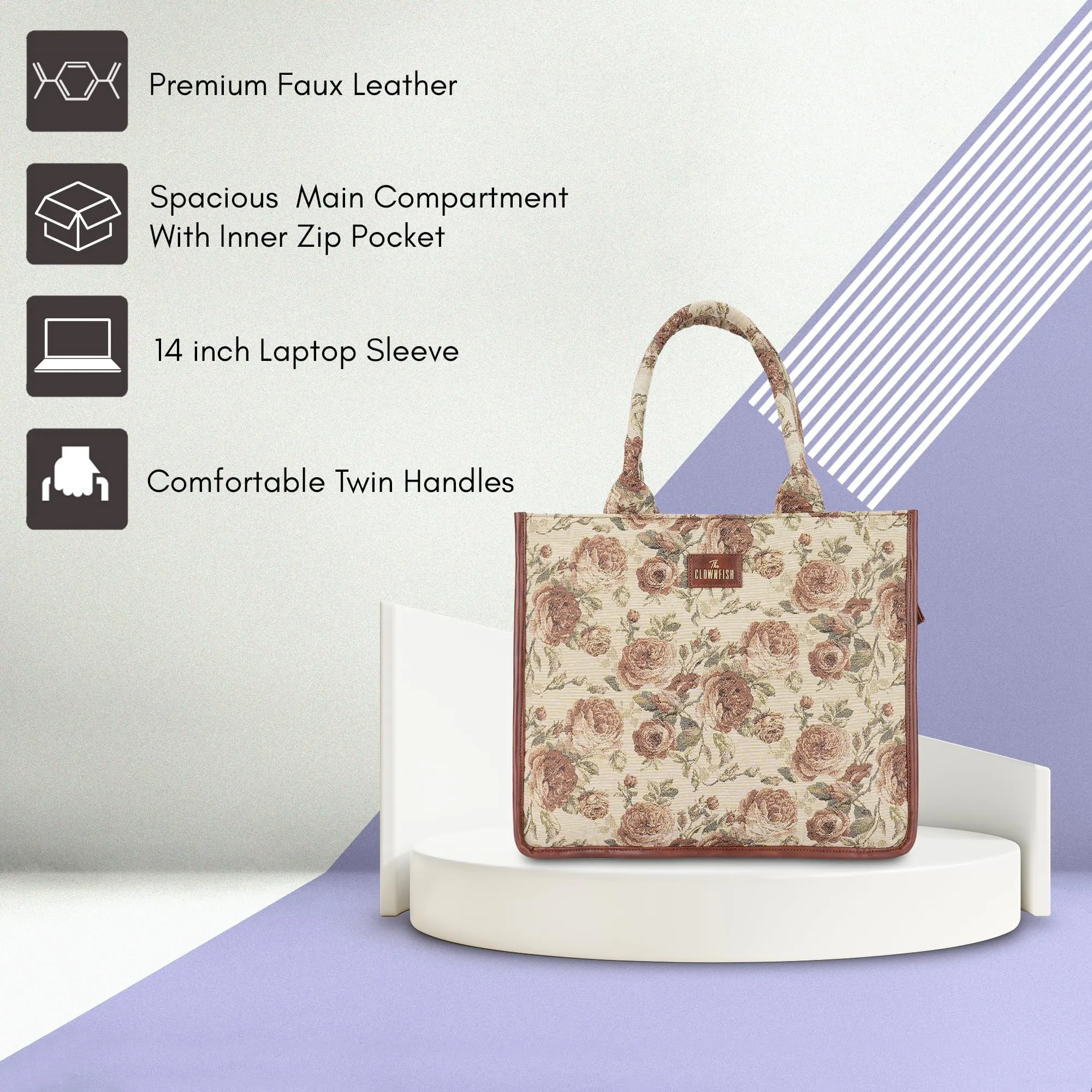 THE CLOWNFISH Ambrosia Series Tapestry Fabric 14 inch Laptop Bag Handbag For Women Box Bag Tote Office Bag (Brown-Floral)