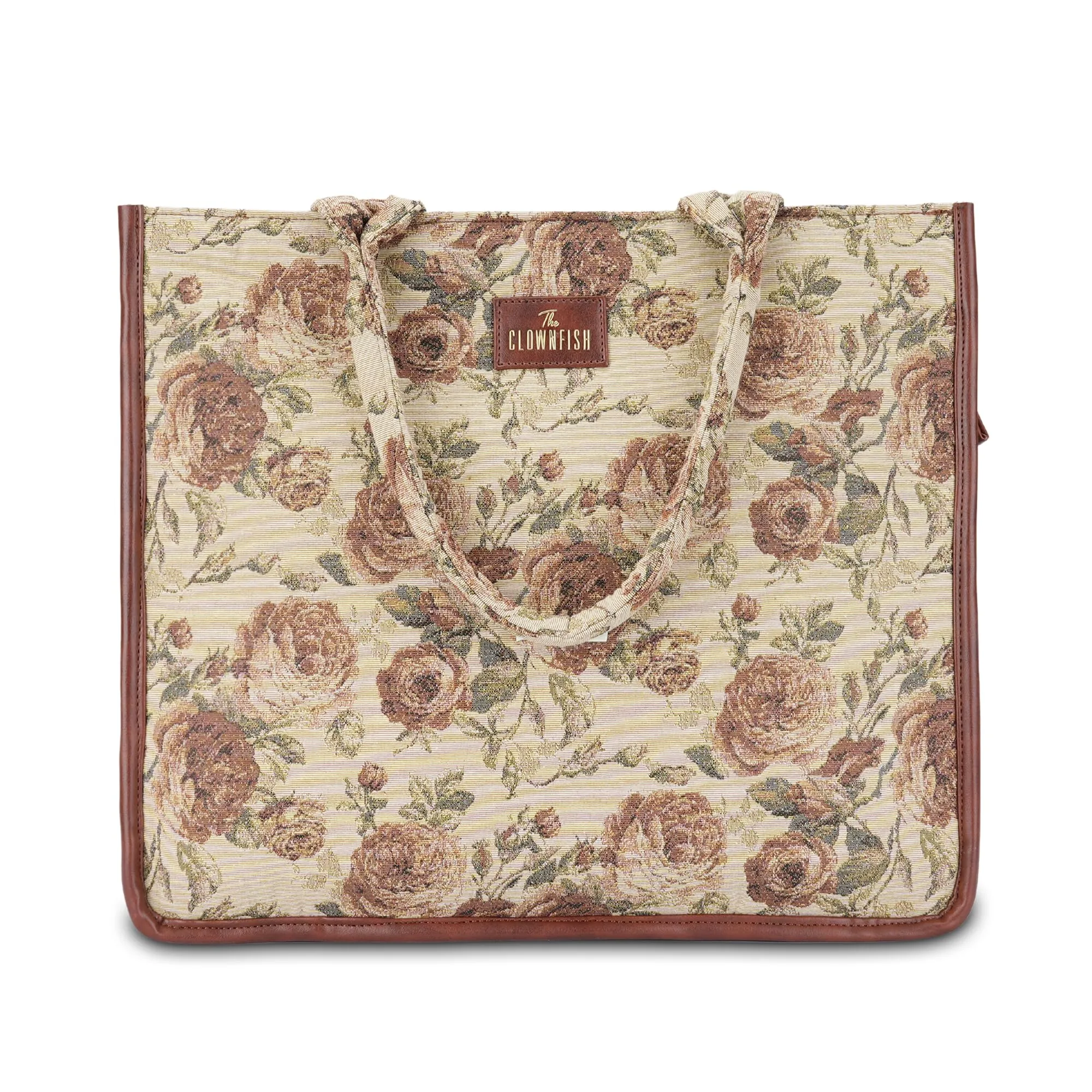 THE CLOWNFISH Ambrosia Series Tapestry Fabric 14 inch Laptop Bag Handbag For Women Box Bag Tote Office Bag (Brown-Floral)