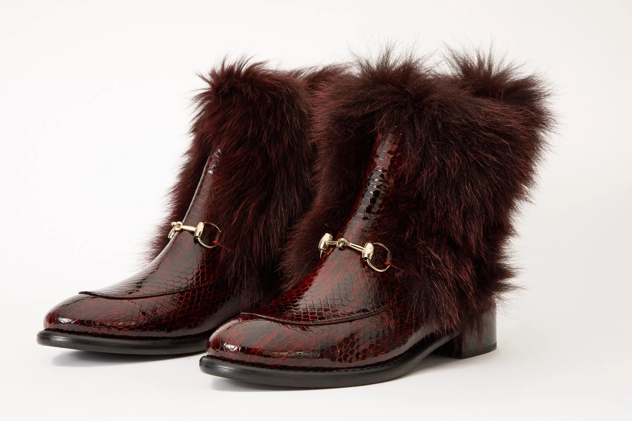 The Izmir Burgundy Patent Leather Natural Fur Mid Calf Women Boot