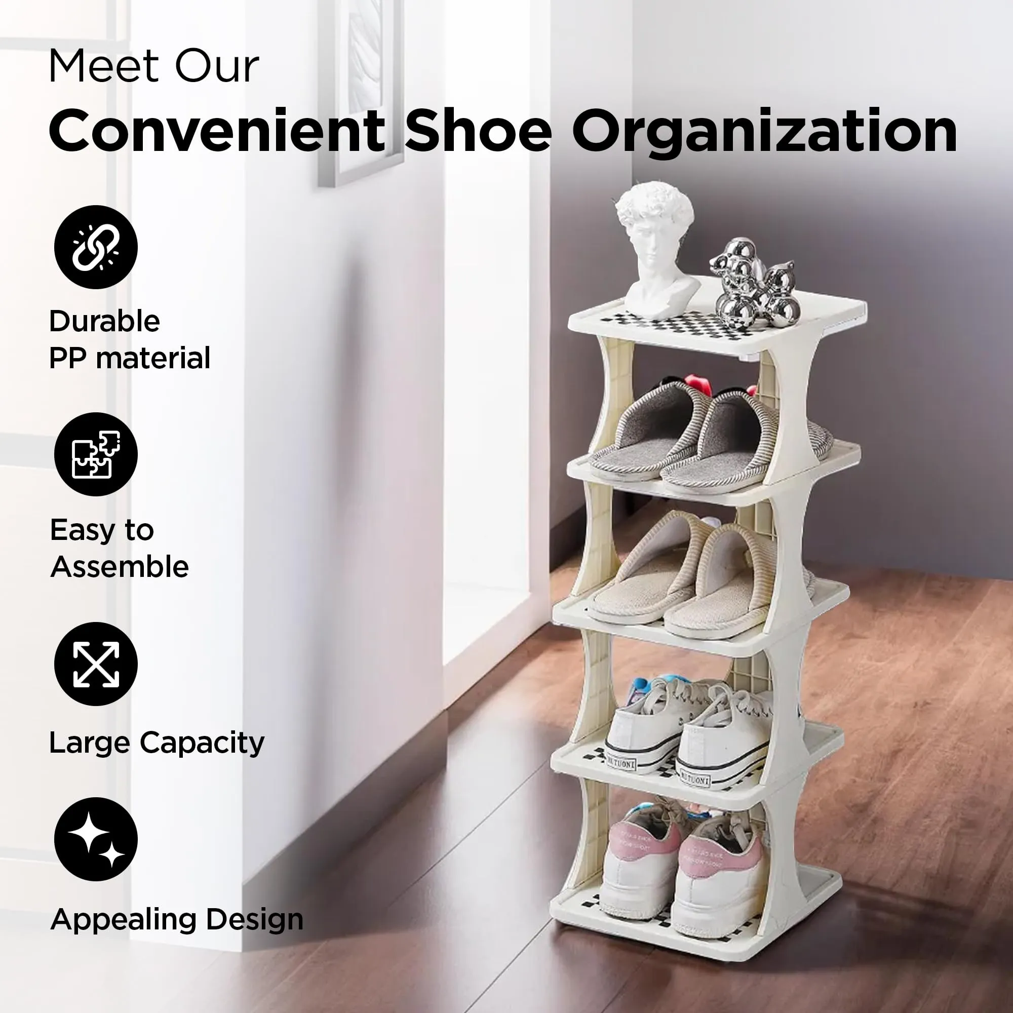 UMAI 5 Layered Shoe Rack for Home (69cm) | Shoe Rack for Home Plastic | Foldable & Detachable Shoe Stand for Home | Shoe Organiser-White