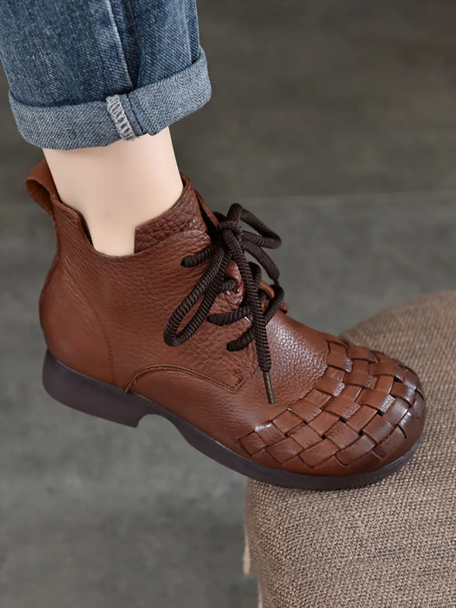 Women Vintage Genuine Weave Low Heel Ankle Boots